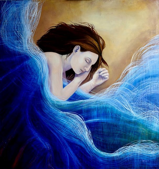 A serene woman with long brown hair rests on a swirling blue wave background.