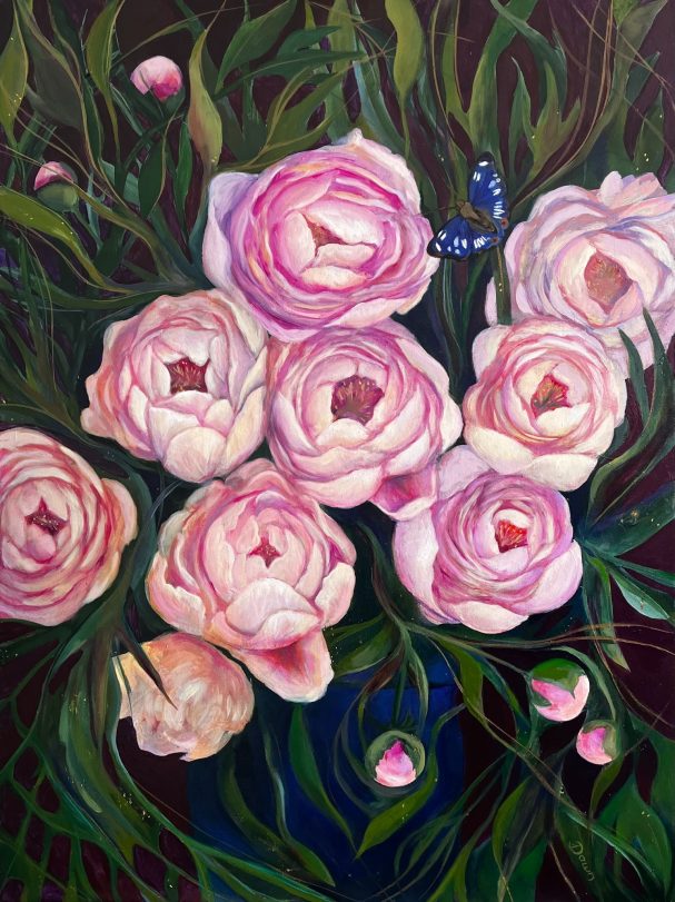 A bouquet of pink roses with green leaves and a butterfly perched nearby.