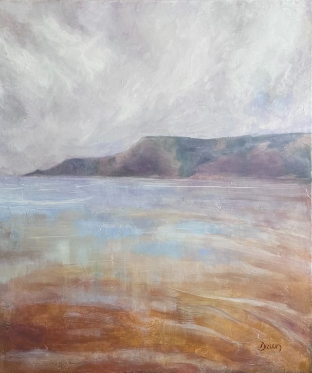 Serene coastal landscape with gentle waves and muted, cloudy skies.