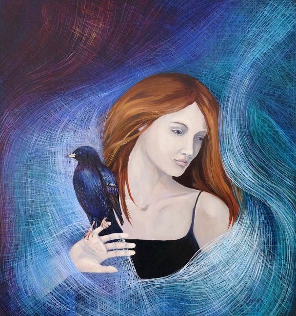 A woman with long red hair holds a black bird against a swirled blue and purple background.