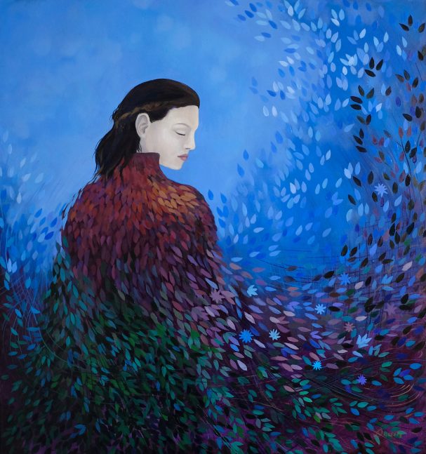 A woman in a flowing cloak surrounded by vibrant, swirling colours against a blue background.