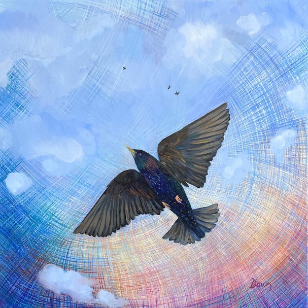 Black bird soaring against a bright, swirling blue sky with soft clouds.