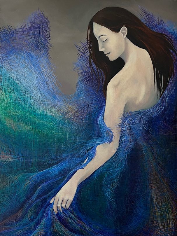 A woman with flowing hair in a blue abstract background, exuding serenity and grace.
